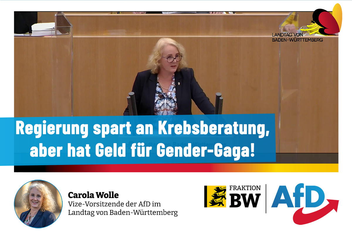 Plenarrede Carola Wolle zum Sozialhaushalt: "Finanzieren Sie die Krebsberatung statt Gender-Gaga!"